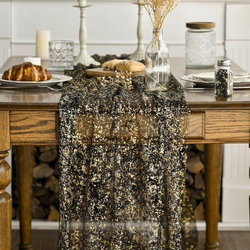 Artoid Mode Black Gold Gauze Table Runner 120 Inch 10Pcs, Glitter Metallic Foil Sheer Dining Wedding Anniversary Holiday Birthday Table Decor for Home Party - Image 2