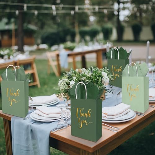 Whaline 30Pcs Sage Green Thank You Paper Gift Bags 6.3 x 3.1 x 8.7 inch 3 Colors Gold Foil Thank You Party Favor Bag with Handle 40 Sheet Tissue Paper for Wedding Birthday One Lucky Duck Gift Wrapping - Image 6