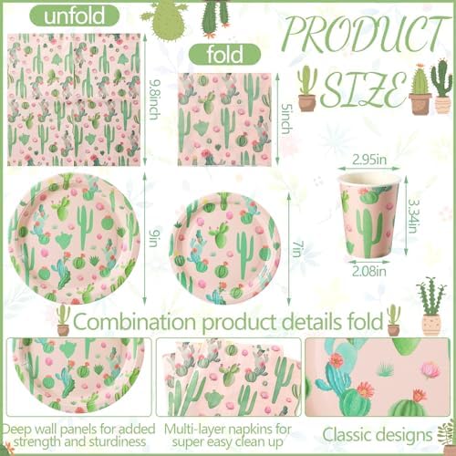Hsei 250 Pcs Cactus Mexican Plates Napkins Cups Party Supplies Serves 50 - Image 2
