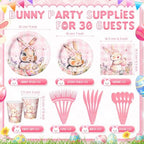 Honeydak 210 Pcs Pink Bunny Party Supplies for 30 Guests, Includes Spring Rabbit Plates, Cups, Napkins, Cutlery - Cute Pink Bunny Tableware Decoration for Baby Shower Easter Party - Image 2