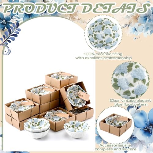 SiliFine 24 Pcs Hydrangea Party Favors for Guests Small Ceramic Bowl Bulk Gifts Set 3.3 Inch Floral Design Mini Dipping Sauce Dish with Card Box for Bridal Pooja Baby Shower Birthday Guest Gift - Image 3