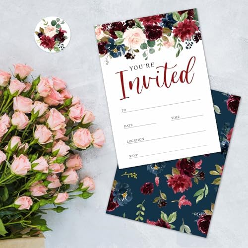 Whaline 25 Sets Flower Invitations with Envelopes Stickers Watercolor Floral Leaves Invitation Cards Blank Invites for Wedding Bridal Baby Shower Birthday Dinner Party, 5 x 7 Inch (Pack of 4) - Image 4