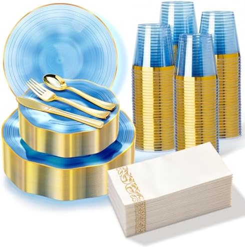 175PCS Blue Plastic Plates with Gold Rim, Disposable Blue Plates by Unknown