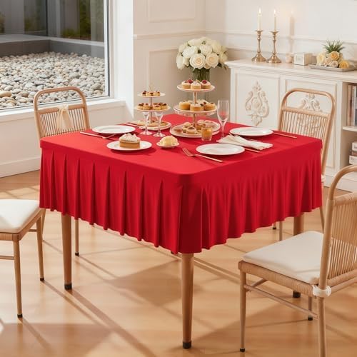 Wish Care Red Spandex Tablecloths for 48x48 Inch Square Tables, Stretch Fitted Table Clothes with Pleated Ruffle Skirt for 48” Table, Wrinkle Free and Elastic, for Party Kitchen Home Dining by WishCare