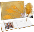 Vijiv Personalized Wedding Guest Book for Wedding Reception Signs, Bridal Baby Shower, Peacock Feather Hardcover Guestbook for Table Decoration Engagement Birthday Party Event, Photo Corners and Pen by VIJIV