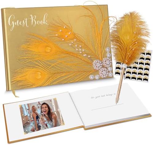 Vijiv Personalized Wedding Guest Book for Wedding Reception Signs, Bridal Baby Shower, Peacock Feather Hardcover Guestbook for Table Decoration Engagement Birthday Party Event, Photo Corners and Pen by VIJIV