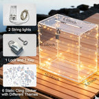Sankoly Acrylic Wedding Card Box with Lock, Clear Large Card Boxes with String Light and Festival Static Cling Sticker, Money Box Holder for All Kinds of Parties Reception - Image 5