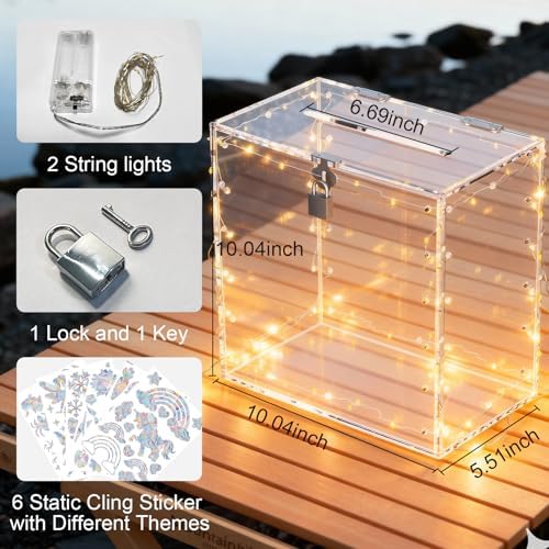 Sankoly Acrylic Wedding Card Box with Lock, Clear Large Card Boxes with String Light and Festival Static Cling Sticker, Money Box Holder for All Kinds of Parties Reception - Image 5