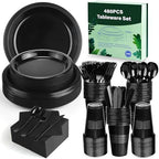 Kochorie 480 Pieces Black Plastic Dinnerware Set for 60 Guests Disposable Heavy Duty Plates Napkins Cups and Silverware Dessert Dinner Plates for Halloween Birthday Wedding Party Supplies - Image 4