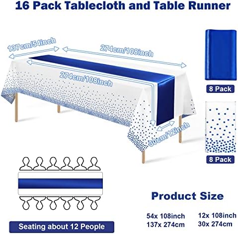 16Pack Disposable Plastic Tablecloths and Satin Table Runner Set White and Blue Dot Tablecloth Blue Satin Table Runner for Wedding Birthday Baby Shower Anniversary Christmas New Year Party Supplies - Image 2