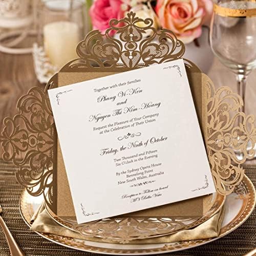 Hosmsua 50PCS Personalized Gold Wedding Invitation Pocket, 6.3x6.3 Laser Cut Flora Wedding Invitation Pockets with Envelopes for Wedding Quinceanera Sweet 16 Invite - Image 2