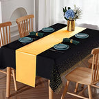 24Pack Disposable Plastic Tablecloths and Satin Table Runner Set Black Gold Dot Table Cloth Gold Satin Table Runner for Graduation Wedding Birthday Baby Shower Anniversary Holiday Party Decorations - Image 4