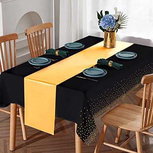 16Pack Disposable Plastic Tablecloths and Satin Table Runner Set Black Gold Dot Table Cloth Gold for Graduation Wedding Birthday Baby Shower Anniversary Holiday Party Decorations - Image 4