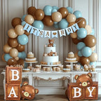 Party Spot！Bear Baby Shower Decorations Boy,80 pcs Balloons,4 Wood Grain Blocks with Letter,"We can bearly wait" Backdrop,Banner,Tablecloth,Balloon Pump, Blue Brown Bear Theme - Image 4