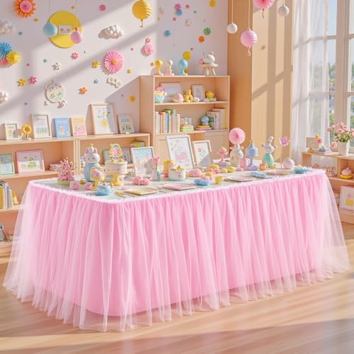 14FT Long Pink Tulle Table Skirt for Rectangle Round Tables 3-Layer Ruffle Desk Teacher Skirt for Back to School Supplies Princess Girls Birthday Party Cake Dessert Classroom Dorm Decor - Image 2