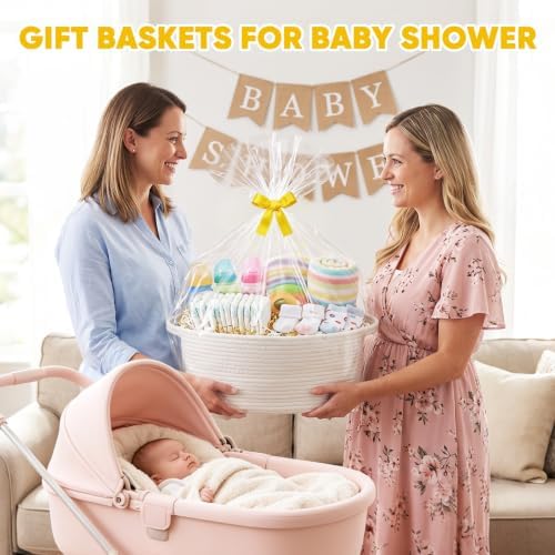 AFOROEOA 3 Pack Large Gift Baskets Empty with Handles, 17"x12.5"x7" Woven Storage Baskets with 3 Clear Bags & 3 Ribbons, 3 Bags Crinkle Paper Shred, Baskets for Baby Shower Home Decor - White - Image 6