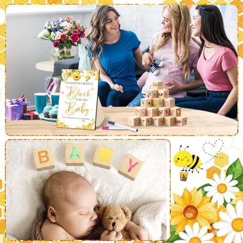Tenceur 104 Pcs Baby Shower Game Sign Set Baby Shower Blocks to Decorate 54 DIY Blank Wooden Block 48 Watercolor Markers with Acrylic Box Set for Games Gender Reveals Party Supplies(Bee) - Image 2