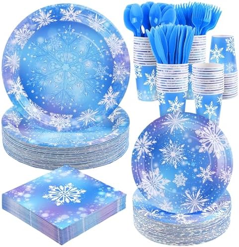 Kochorie 350 PCS Frozen Party Supplies Set for 50 Guests Includes Snowflake Party Plates Cups Napkins Utensils for Frozen Birthday, Winter Wonderland, Holiday, Disposable Tableware by Kochorie