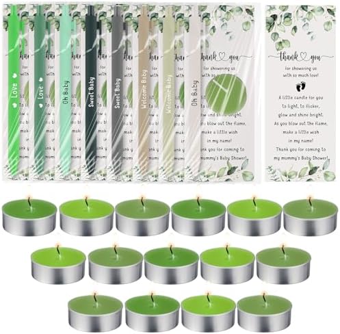 Spakon 60 Sets Baby Shower Favors for Guests Include Unscented Tealight Candles Multicolor Ballpoint Pen Thank You Card OPP Bags Gender Reveal Gifts for Baby Shower Game Prizes(Green,Greenery) by Aranorun