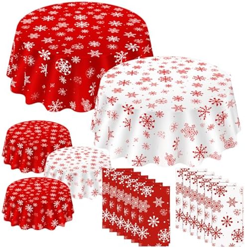 Ganeen 12 Pcs Christmas Tablecloth Red White Snowflake Round Plastic Winter by Ganeen