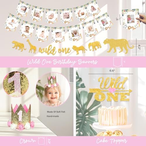 130 PCs Wild One Birthday Decorations Girl, Hombae Safari Jungle Theme 1st Birthday Party Backdrop Balloon Garland Leaves Monthly Photo Highchair Banner Box Cutout Crown Cake Cupcake topper Pink Gold - Image 4