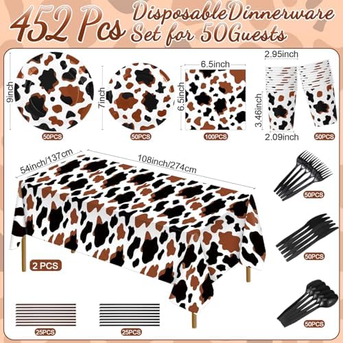 Potchen 452 Pcs Cow Plates Napkins Party Supply, Brown - Image 2