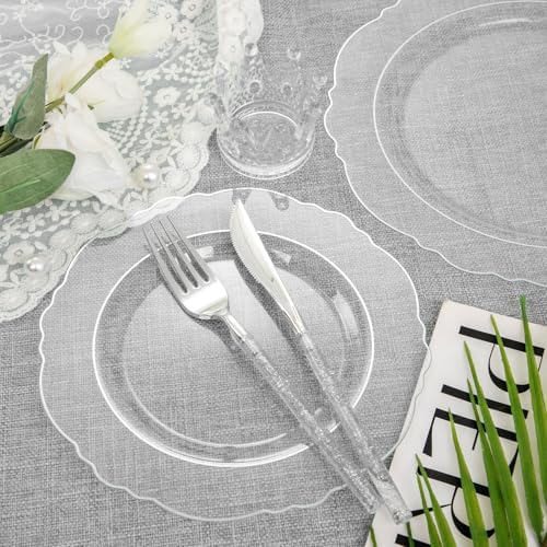 Liacere 150PCS Clear Silver Plastic Plates & Disposable Silver Plastic Silverware with Glitter Bamboo Handle Cutlery-Baroque Clear Disposable Plates for Wedding & Party & Summer - Image 4