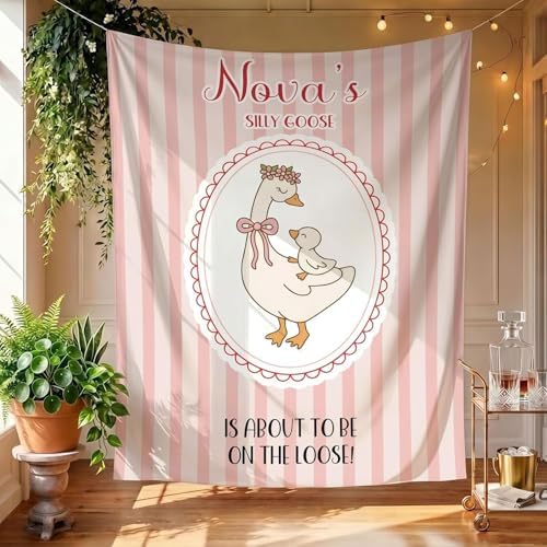 Little Goose on the Loose Baby Shower Banner Personalized Silly Goose Party Backdrop Pink Coquette Baby Sprinkle Wall Decor Vintage Stripe Welcome Sign Girl Nursery Tapestry Photography Prop by Unknown
