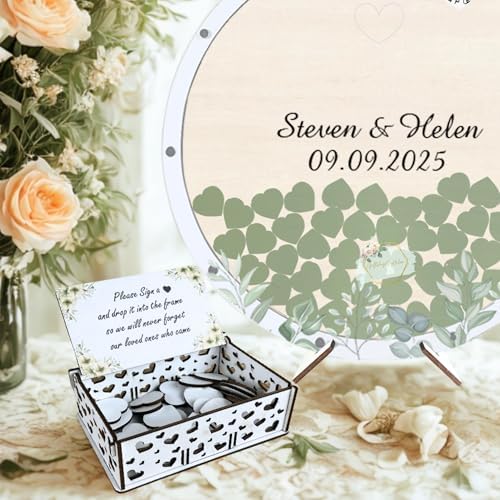 Wedding Guest Book Alternative, Sage Floral Wooden Drop Frame, Heart Chips - Image 2
