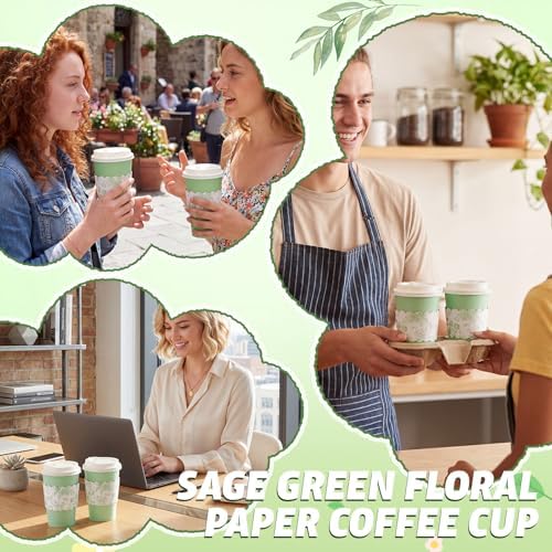 48 Set 16oz Sage Green Disposable Coffee Cups with Lids & Sleeves, White Floral Wildflowers Paper Drinking Cups for Wedding Bride Baby Shower Party - Image 7