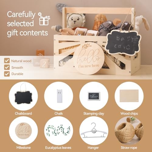 8 In 1 Wooden Baby Shower Crate Closet, Baby Basket with Handle Footprint Kit for Baby Shower Gifts, Baby Shower Wooden Gift Crate, Baby Personailzed Basket for Pregnancy New Parent - Image 4
