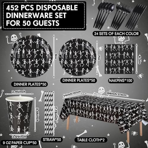 Funnymoom 452 Pcs Halloween Skeleton Party Decorations, Human Bones Dancing Skeleton Paper Plates Napkins Cups Tablecloth Cutlery Straws for Spooky Ghost Themed Birthday Party Supplies, Serves 50 - Image 2