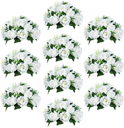 Sziqiqi Faux Silk Roses Artificial Flower Centrepieces, White, 10Pcs by SZIQIQI