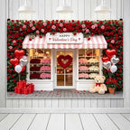 9x6ft Valentines Day Photography Backdrop Happy Valentines Day Flower Shop Front Red Pink Rose Floral Wall Heart Balloon Gift Box Bear Photo Background for Party Portrait Photo Booth Decor - Image 2