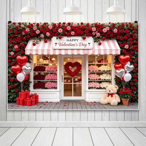 9x6ft Valentines Day Photography Backdrop Happy Valentines Day Flower Shop Front Red Pink Rose Floral Wall Heart Balloon Gift Box Bear Photo Background for Party Portrait Photo Booth Decor - Image 2