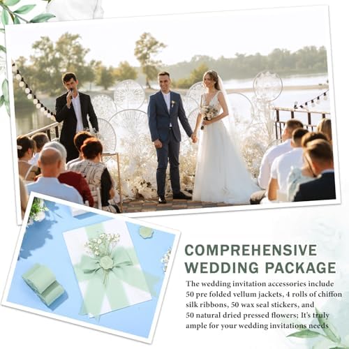 Fullhawl 50 Sets Wedding Invitations Wraps Set Pre Folded Vellum Jackets for 5 x 7 Invitations Dried Flowers Wax Seal Stickers Chiffon Silk Ribbon for Wedding Birthday Bridal Shower Craft DIY (Green) - Image 5