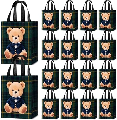 Tallew 24 Pack Tartan Plaid Bear Bulk Gift Bags with Handles Non Woven Bags by Tallew