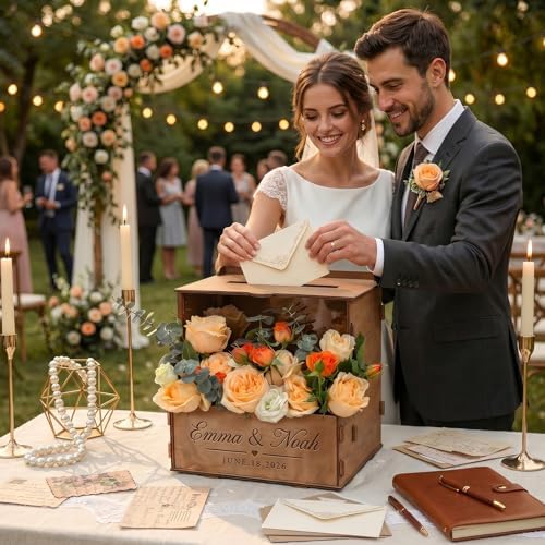 OurWarm Personalized Wedding Card Box with Names & Date Laser-Cut Engraving - Image 7