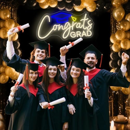 Congrats Grad Neon Sign with Graduation Cap, Grad Wall Decor, Warm White - Image 2