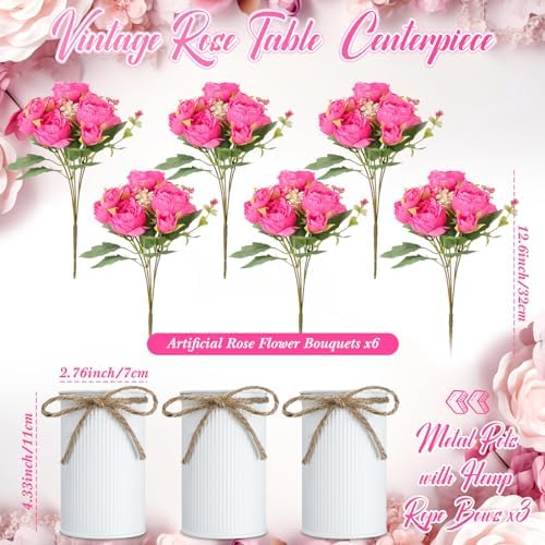 3 Sets Artificial Peonies Flower Peony Bouquet with Galvanized Metal Pot Silk Fake Peonies Faux Flower Arrangements for Wedding Table Centerpiece Party Home Room (Rose Red) - Image 2