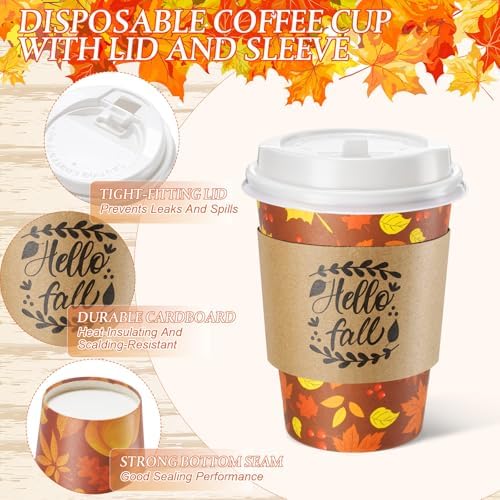 Mimorou 60 Pcs Thanksgiving Fall Cups 12oz Coffee Cups with Lids and Sleeves Disposable Maple Leaves Paper Drinking Mugs for Harvest Autumn Party Supplies - Image 3