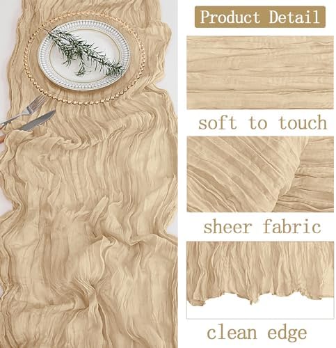 16 Pack Beige Cheesecloth Table Runner 20 x 120 inch Gauze Table Runners 10 FT Long,Semi Sheer Boho Cheese Cloth Fabric Table Runner Bulk for Party,Wedding,Baby Shower,Bridal Shower Decoration - Image 3