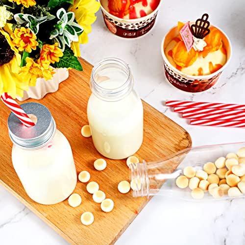 Yinkin 60 Sets Plastic Milk Bottles with Straws Bulk Reusable Beverage Containers for Birthday Baby Shower Party with Metal Lids Straws for Milk Juice Smoothies (8 oz,Red,White) - Image 5