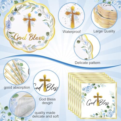 Ziliny 250 Pcs God Bless Baptism Party Tableware Set for 50 Guest First Holy Communion Decorations Blue Eucalyptus Leaves Paper Plates Napkins and Cups for Christening Baby Shower Religious - Image 3