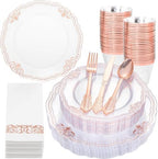 Ciaell 175 Piece Rose Gold Plastic Plates for Weddings Parties by Ciaell