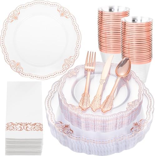 Ciaell 175 Piece Rose Gold Plastic Plates for Weddings Parties by Ciaell