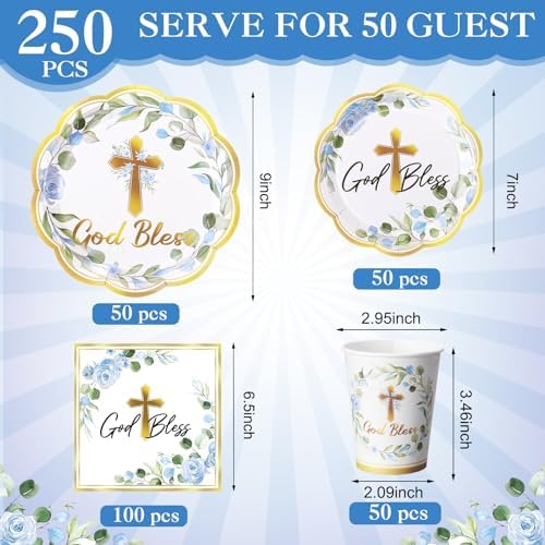 Ziliny 250 Pcs God Bless Baptism Party Tableware Set for 50 Guest First Holy Communion Decorations Blue Eucalyptus Leaves Paper Plates Napkins and Cups for Christening Baby Shower Religious - Image 2