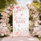 7.2ft Welcome Baby Pink Floral Arch Backdrop Covers Watercolor Butterfly Bow Stretchy Spandex Covers for Girl Baby Shower Gender Reveal Birthday Party Decorations - Image 4