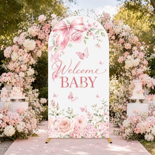 7.2ft Welcome Baby Pink Floral Arch Backdrop Covers Watercolor Butterfly Bow Stretchy Spandex Covers for Girl Baby Shower Gender Reveal Birthday Party Decorations - Image 4