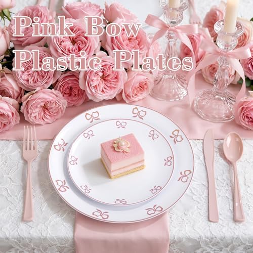 125PCS Pink Bow Plastic Plates - White and Pink Rim Disposable Plates - 50 Elegant Plates with Bow knot Patterns, 25 Forks, 25 Spoons, 25 Knives for Birthday Baby Shower Wedding Party - Image 3